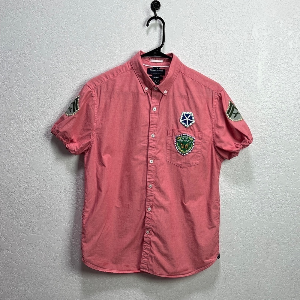 Denim & Flower Men’s Pink Casual Button-Down Shirt Puff Sleeve Patches Sz M Chic